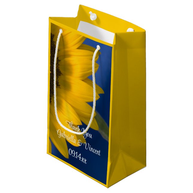 Yellow Sunflower on Blue Thank You Wedding Small Gift Bag (Front Angled)