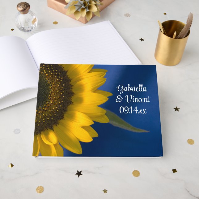 Yellow Sunflower on Blue Wedding Guest Book (Front Open)