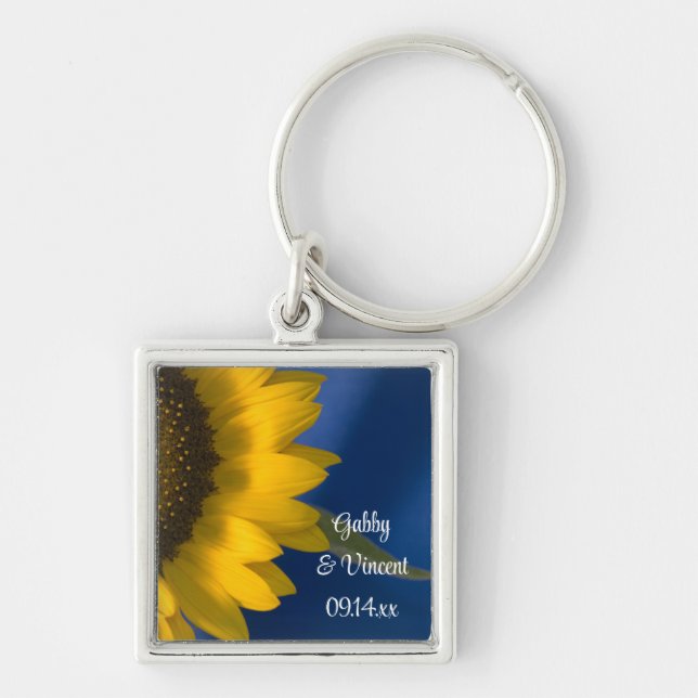 Yellow Sunflower on Blue Wedding Key Ring (Front)