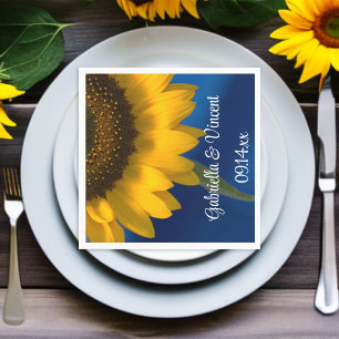 Yellow Sunflower on Blue Wedding Napkin