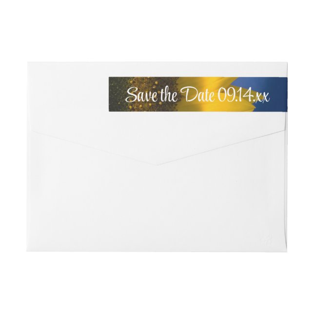 Yellow Sunflower on Blue Wedding Save the Date Wrap Around Label (Back)