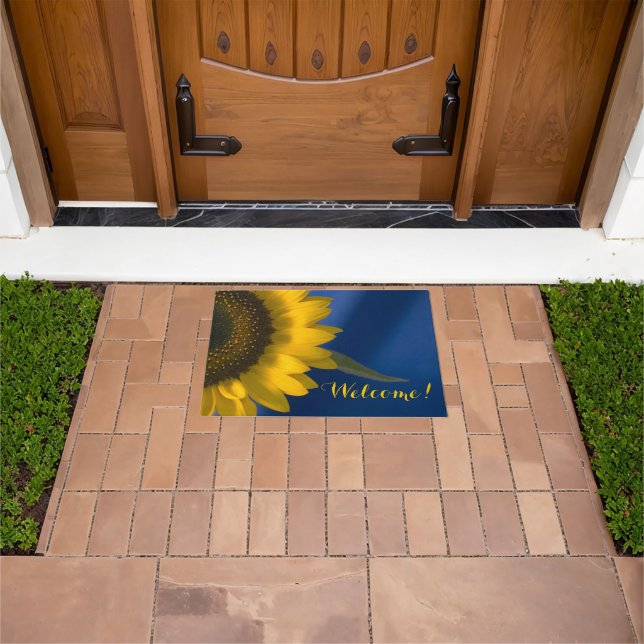 Yellow Sunflower on Blue Welcome Doormat (Outdoor)