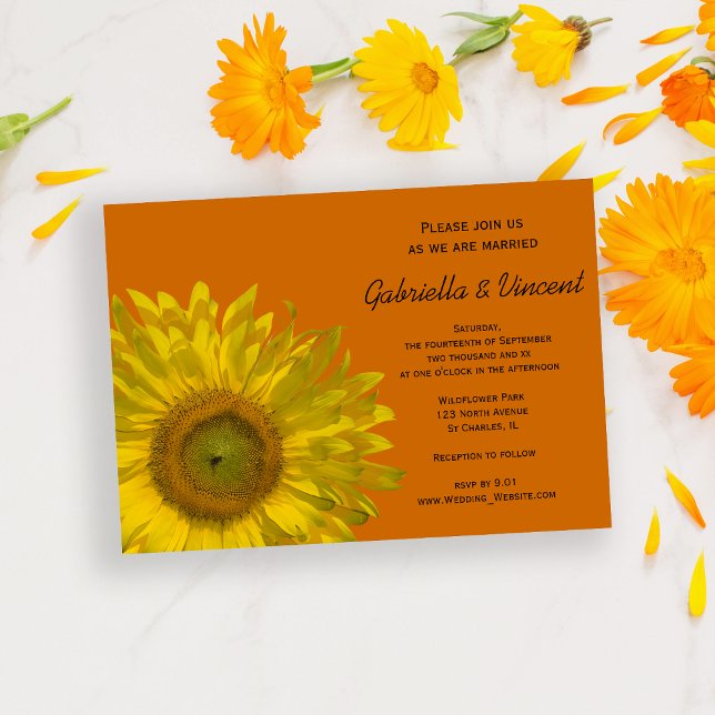 Yellow Sunflower on Orange Wedding Invitation (Set the tone for your summer marriage with the cheerful Sunflower on Orange Wedding Invitation.)