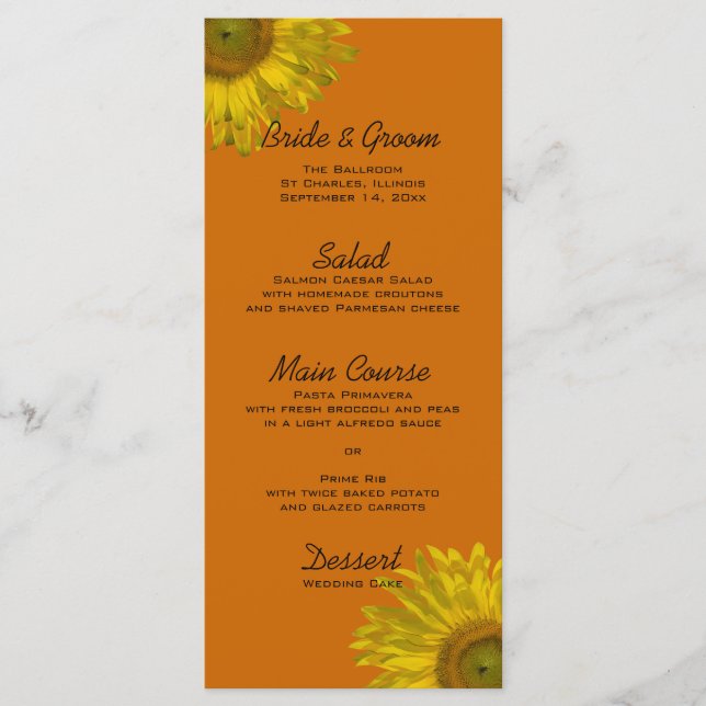 Yellow Sunflower on Orange Wedding Menu (Front)