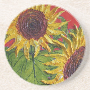 Yellow Sunflower on Red Coaster
