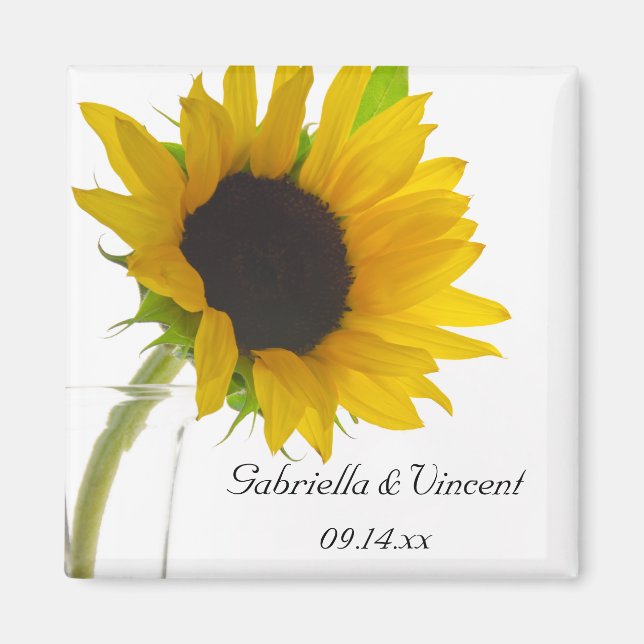 Yellow Sunflower on White Save the Date Wedding Magnet (Front)