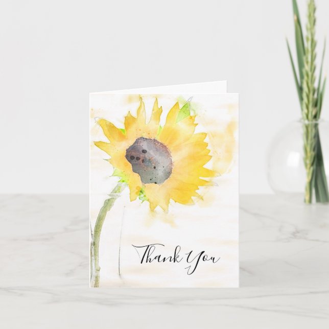 Yellow Sunflower on White Watercolor Thank You Card (Front)