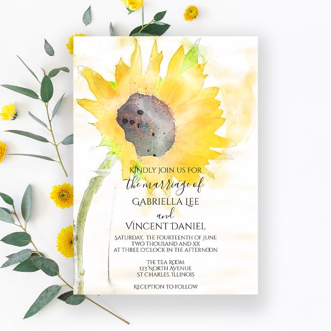 Yellow Sunflower on White Watercolor Wedding Invitation (Creator Uploaded)