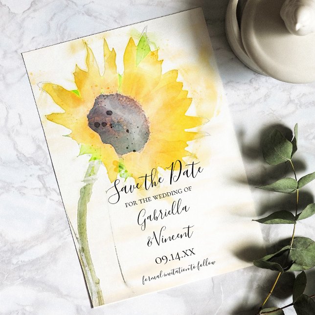 Yellow Sunflower on White Watercolor Wedding Save The Date (Creator Uploaded)