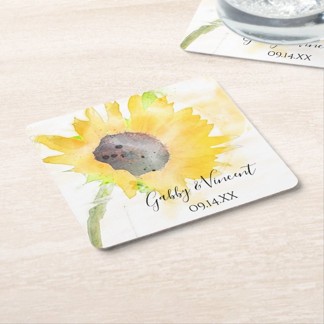 Yellow Sunflower on White Watercolor Wedding Square Paper Coaster (Angled)