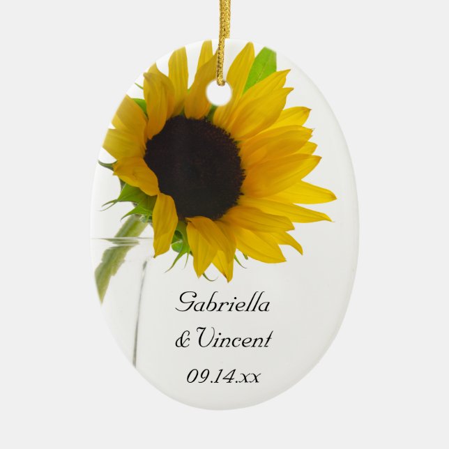 Yellow Sunflower on White Wedding Ceramic Tree Decoration (Front)