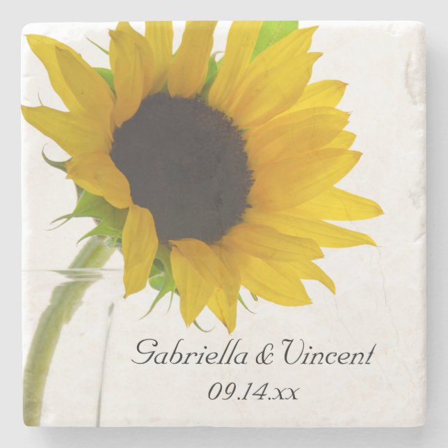 Yellow Sunflower on White Wedding Stone Coaster (Front)
