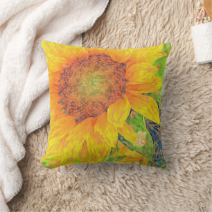 Yellow Sunflower Painterly-Green accents Cushion