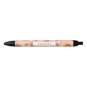 Yellow Sunflower Pattern Blush Pink Personalised Black Ink Pen