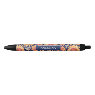Yellow Sunflower Pattern Navy Blue Personalised  Black Ink Pen