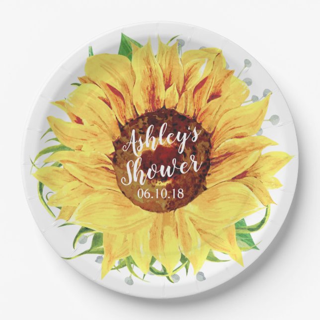Yellow Sunflower Personalised Bridal Shower Paper Plate (Front)