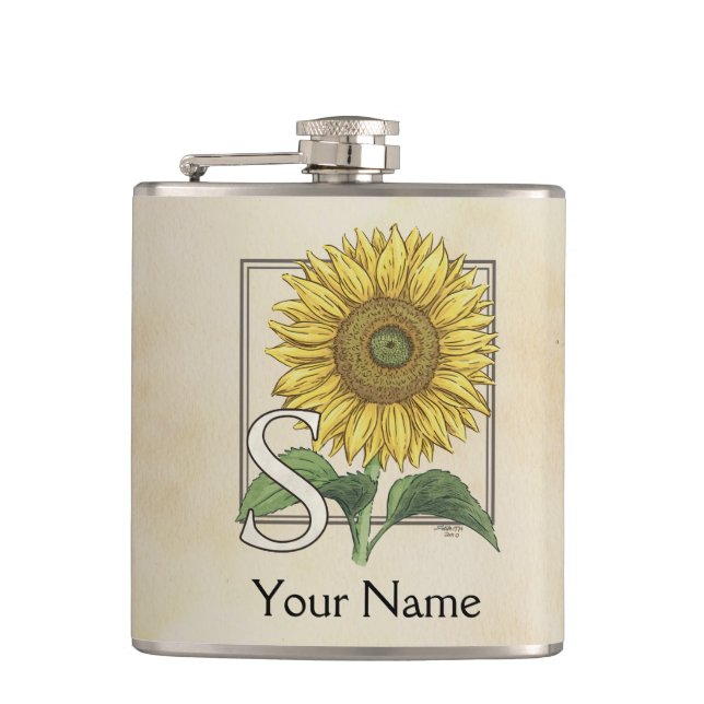 Yellow Sunflower Personalised Monogram Hip Flask (Front)