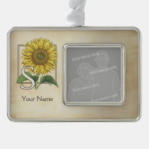 Yellow Sunflower Personalised Monogram Silver Plated Framed Ornament