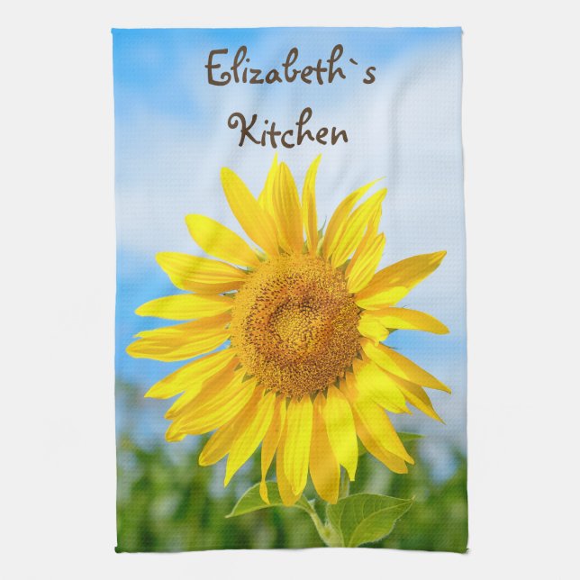 Yellow Sunflower Personalised Name Tea Towel (Vertical)