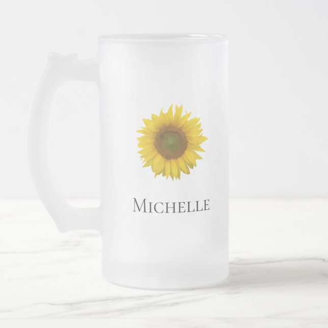Yellow Sunflower Pesonalized Frosted Glass Beer Mug (Left)
