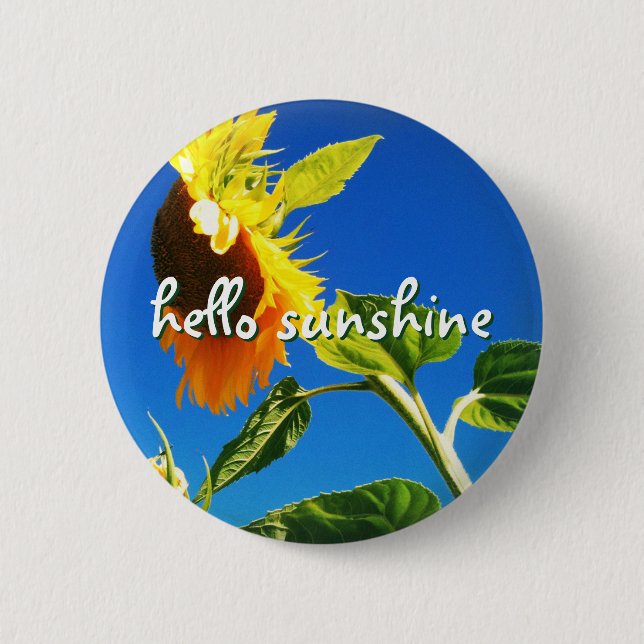 Yellow Sunflower Photo Hello Sunshine Script Bold 6 Cm Round Badge (Front)