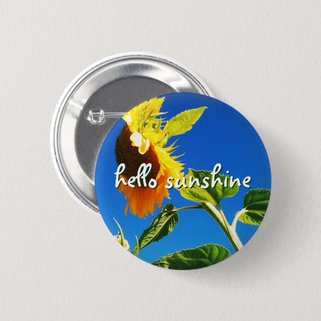 Yellow Sunflower Photo Hello Sunshine Script Bold 6 Cm Round Badge (Front & Back)