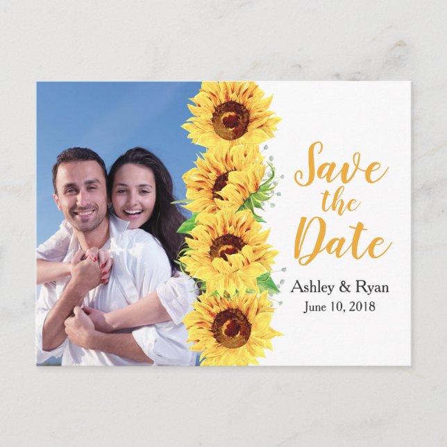 Yellow Sunflower Photo Wedding Save the Date Announcement Postcard (Front)