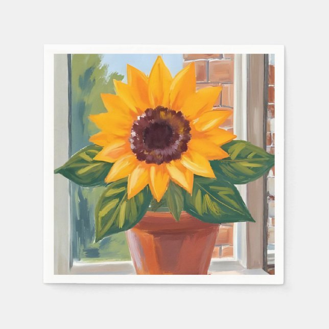 Yellow Sunflower Pot Floral Watercolor Napkin (Front)