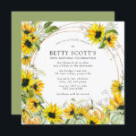 Yellow Sunflower Pumpkin Autumn 90th Birthday Invitation<br><div class="desc">Beautiful watercolor sunflowers and pumpkins create a festive border for this 90th birthday party invitation. A modern round gold frame dotted with gold confetti showcases your party details. The back of the invitation is soft sage green with a sunflower and pumpkin design. It contains an oval with the birthday person's...</div>