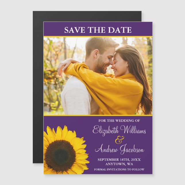 Yellow Sunflower Purple Photo Save the Date Magnetic Invitation (Front/Back)
