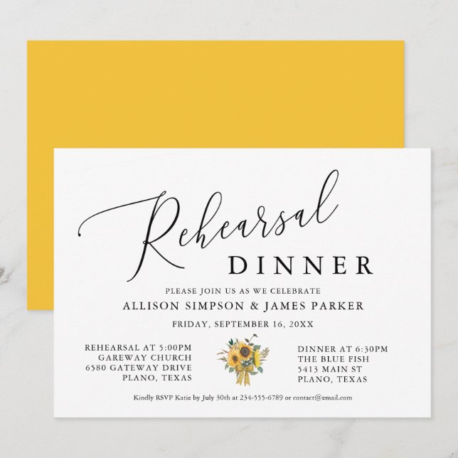 Yellow Sunflower Rehearsal Dinner Invitation (Front/Back)