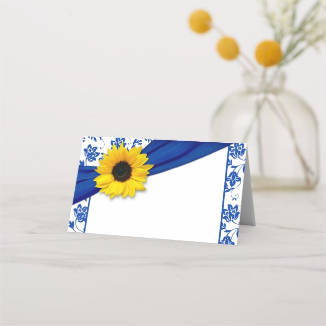 Yellow Sunflower Royal Blue Floral Wedding Place Card (Front)