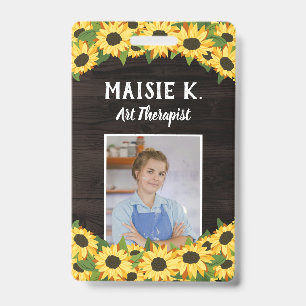 Yellow Sunflower & Rustic Dark Wood Photo ID Badge