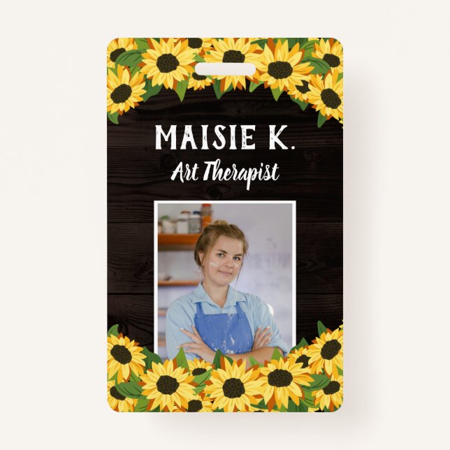 Yellow Sunflower & Rustic Dark Wood Photo ID Badge (Front)