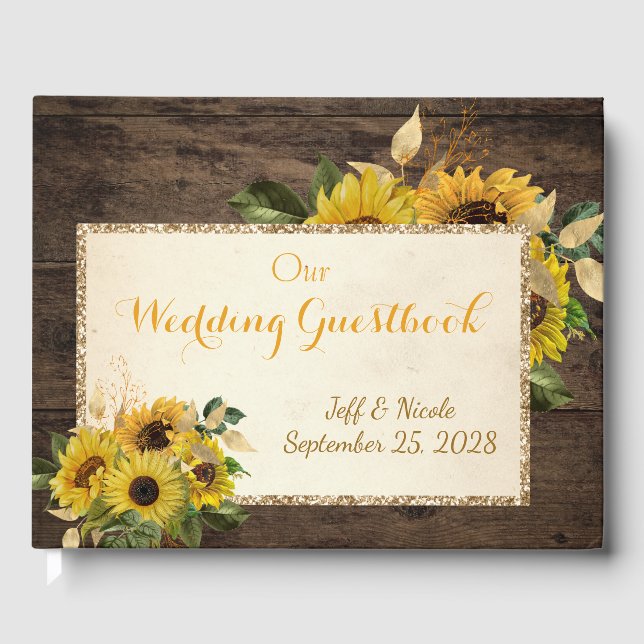 Yellow Sunflower Rustic on Wood Guest Book (Front)