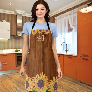 Yellow Sunflower Rustic Wood Family Monogram Apron