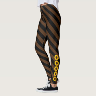 Yellow Sunflower Sides Black and Chocolate Stripe Leggings