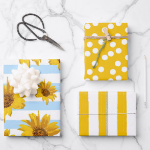Yellow Sunflower Spots And Stripes Pattern Wrapping Paper Sheet