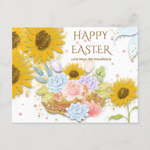 Yellow Sunflower Spring Floral Happy Easter White Holiday Postcard