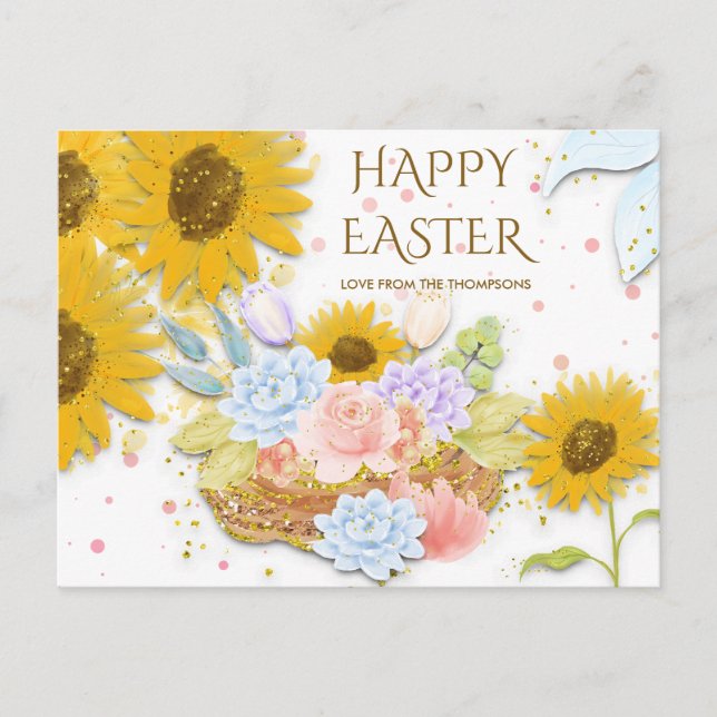 Yellow Sunflower Spring Floral Happy Easter White Holiday Postcard (Front)