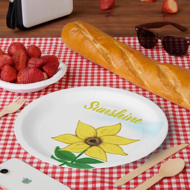 Yellow Sunflower Sunshine Typography Paper Plate (Picnic)