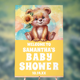 Yellow Sunflower Teddy Bear Baby Shower Welcome Acrylic Sign