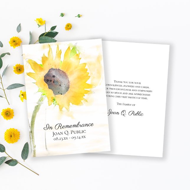 Yellow Sunflower Vase Watercolor Funeral Sympathy Thank You Card (Creator Uploaded)