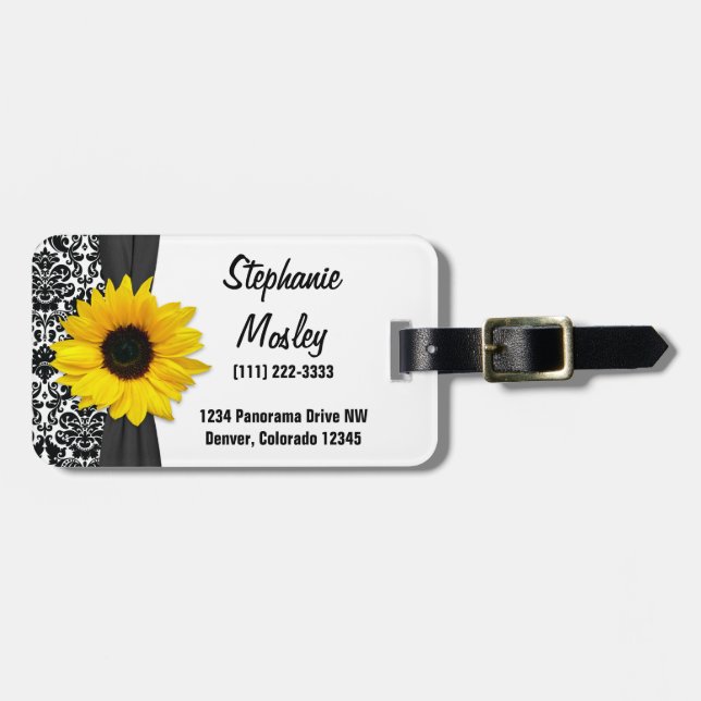Yellow Sunflower Vintage Damask Floral Luggage Tag (Front Horizontal)