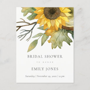 YELLOW SUNFLOWER WATERCOLOR FLORAL BRIDAL SHOWER INVITATION POSTCARD