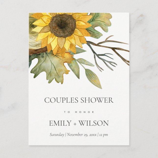 YELLOW SUNFLOWER WATERCOLOR FLORAL COUPLES SHOWER INVITATION POSTCARD (Front)