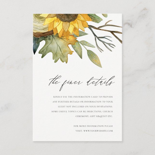 YELLOW SUNFLOWER WATERCOLOR FLORAL WEDDING DETAIL ENCLOSURE CARD (Front)