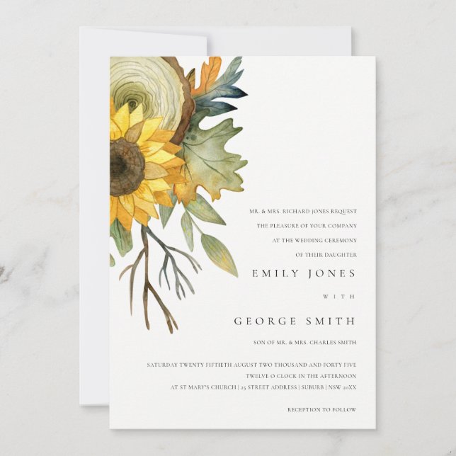 YELLOW SUNFLOWER WATERCOLOR FLORAL WEDDING INVITE (Front)