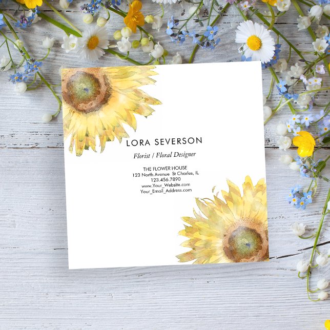 Yellow Sunflower Watercolor Florist Square Business Card (Creator Uploaded)