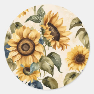 Yellow Sunflower Watercolor Pattern Classic Round Sticker
